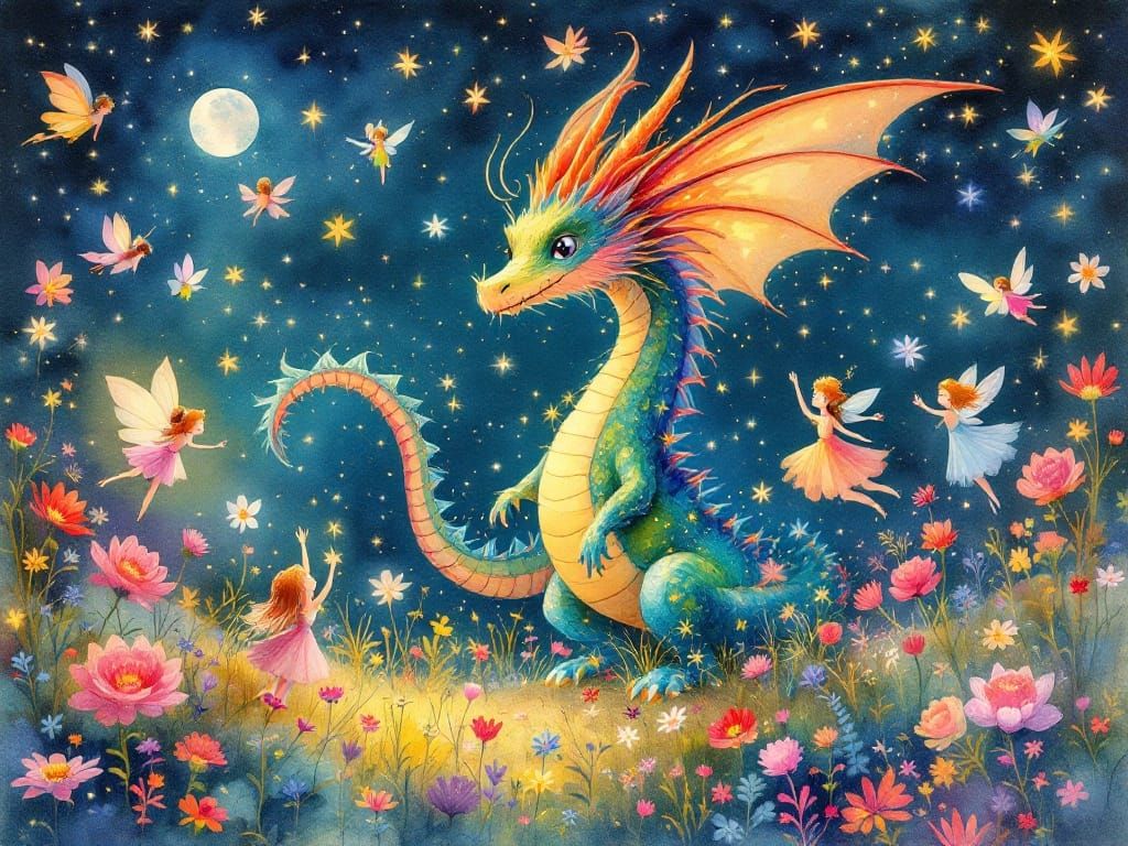 Whimsical Watercolor Scene of a Dragon with Fairies and Crea...