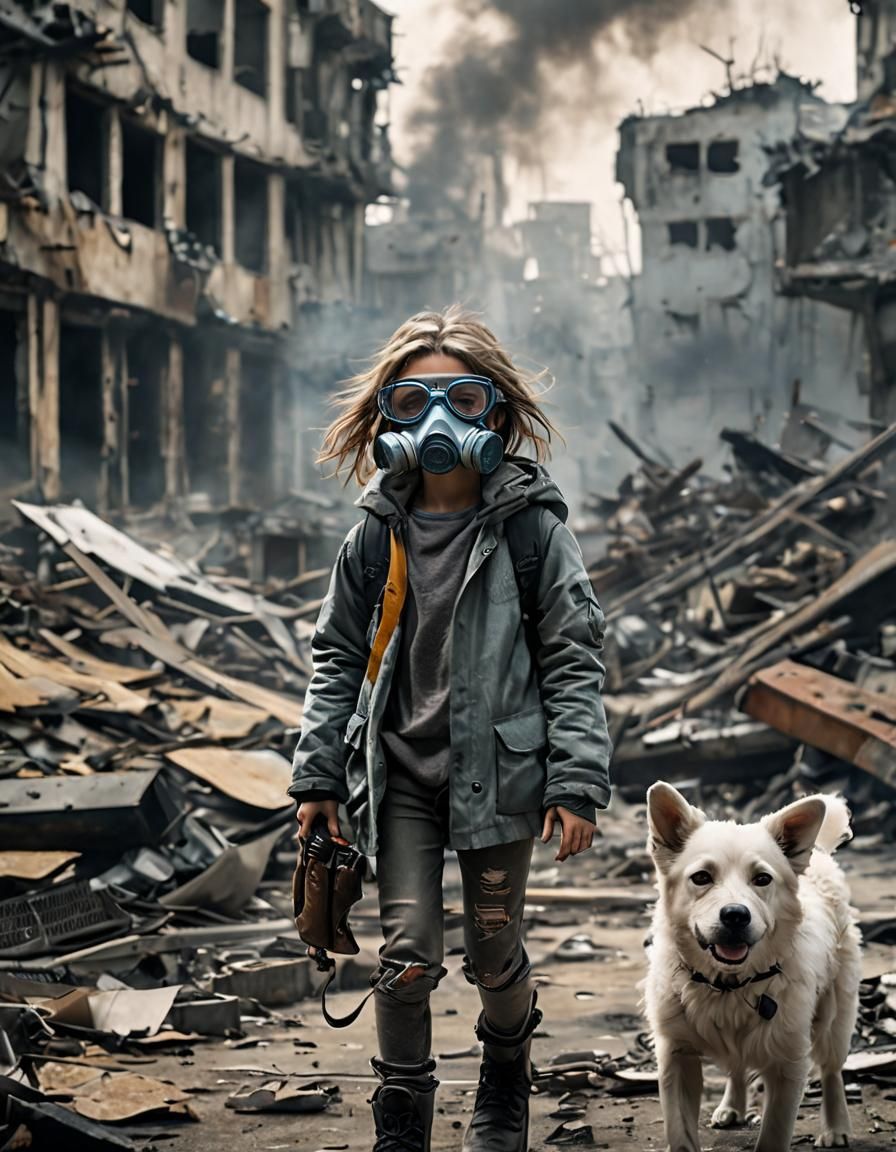 Dystopian Girl and Robot Dog in Retrofuturism