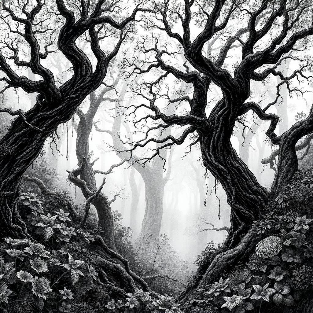 Mystical Forest: Ornate Pen and Ink Illustration