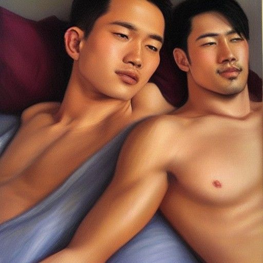 Realistic Oil Painting of Two Men in Bed