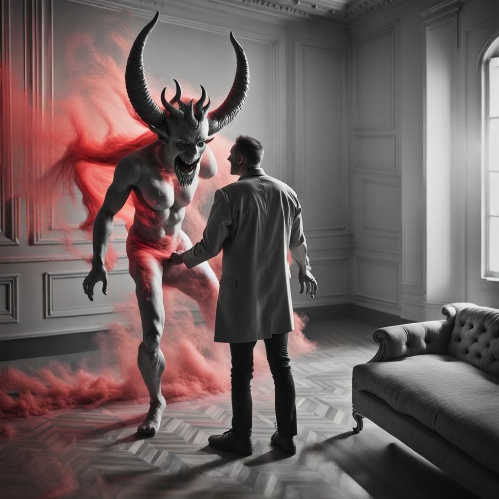 Hyperrealistic Demon Sculpture in Stark Room
