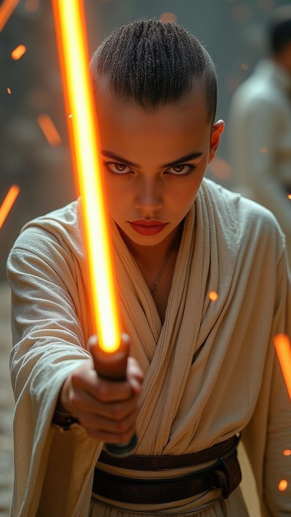 Young Jedi Deflects Laser Bolts in Cinematic Scene