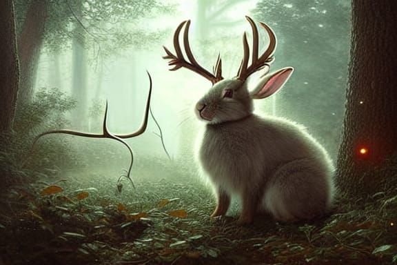 Winged Rabbit in Magical Forest, Hyperrealistic Digital Art