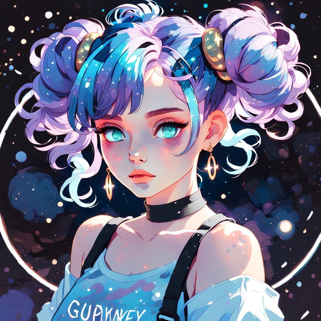 Sparkling Watercolour Portrait of a Girl with Space Buns