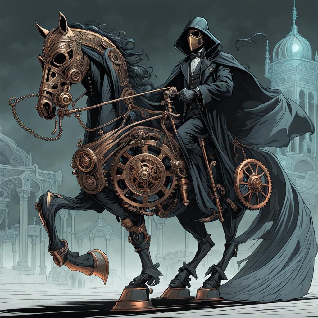 Steampunk Grim Reaper on Mechanical Horse