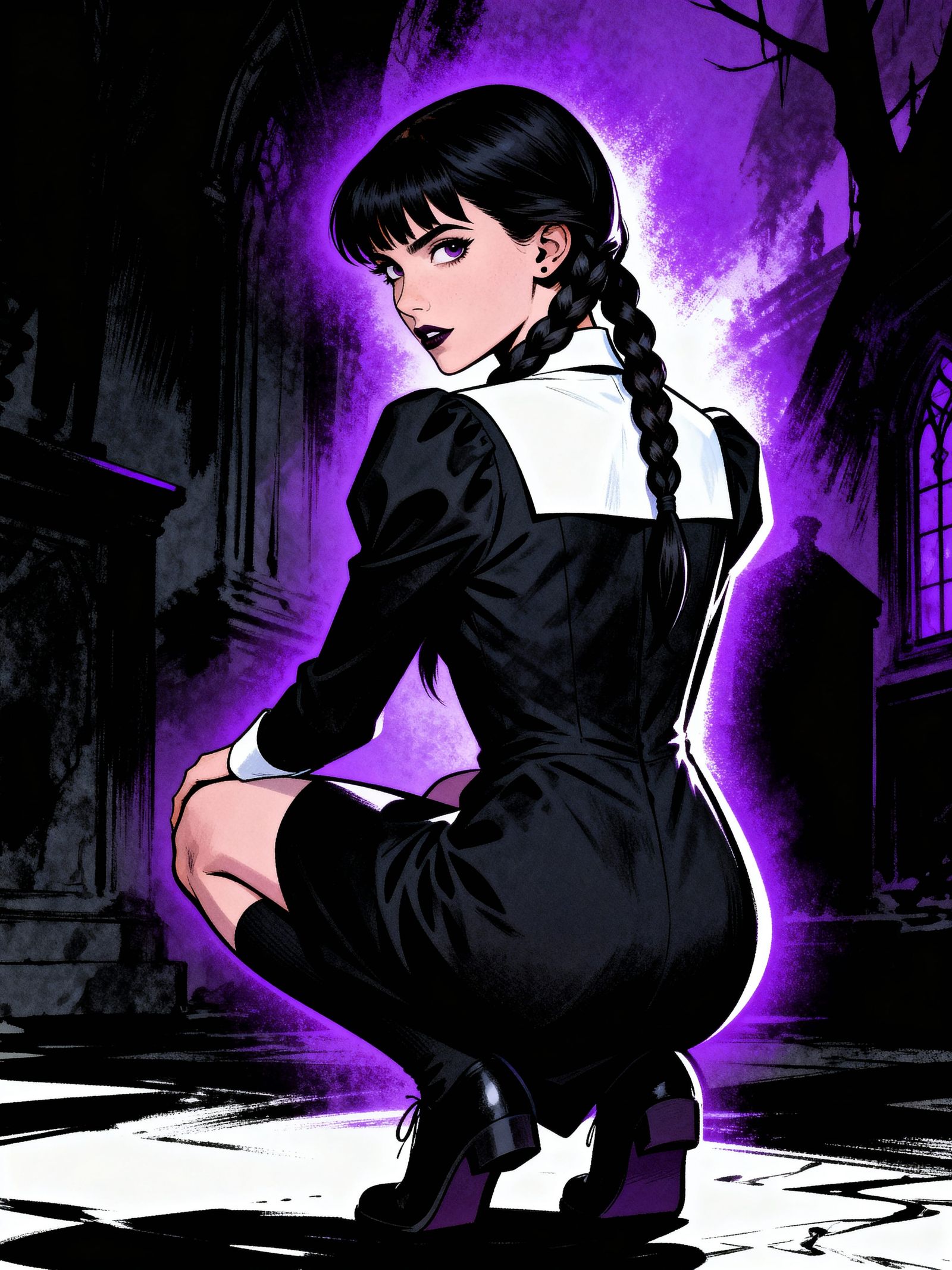 Wednesday Addams in Dynamic Squat, Gothic Comic Art
