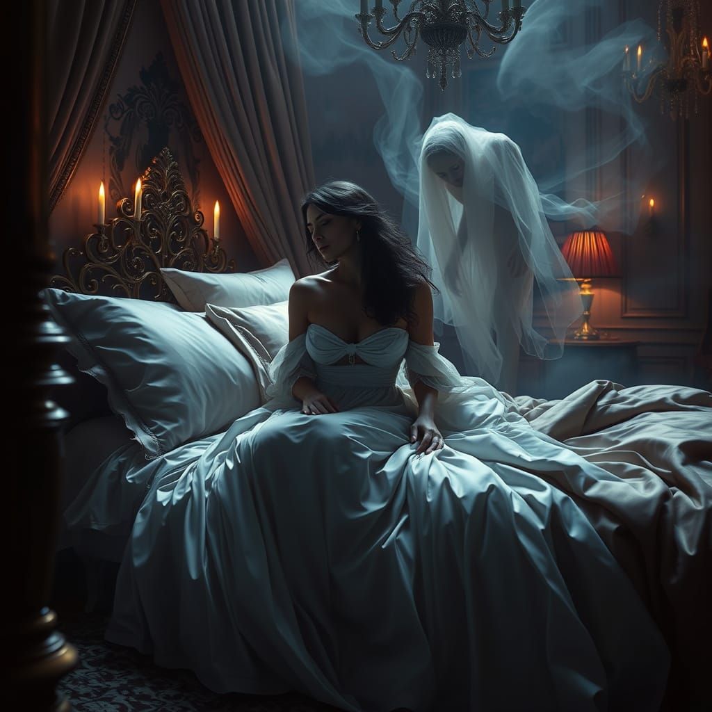 Ethereal Woman Lost in Slumber, Haunted by Ghostly Presence