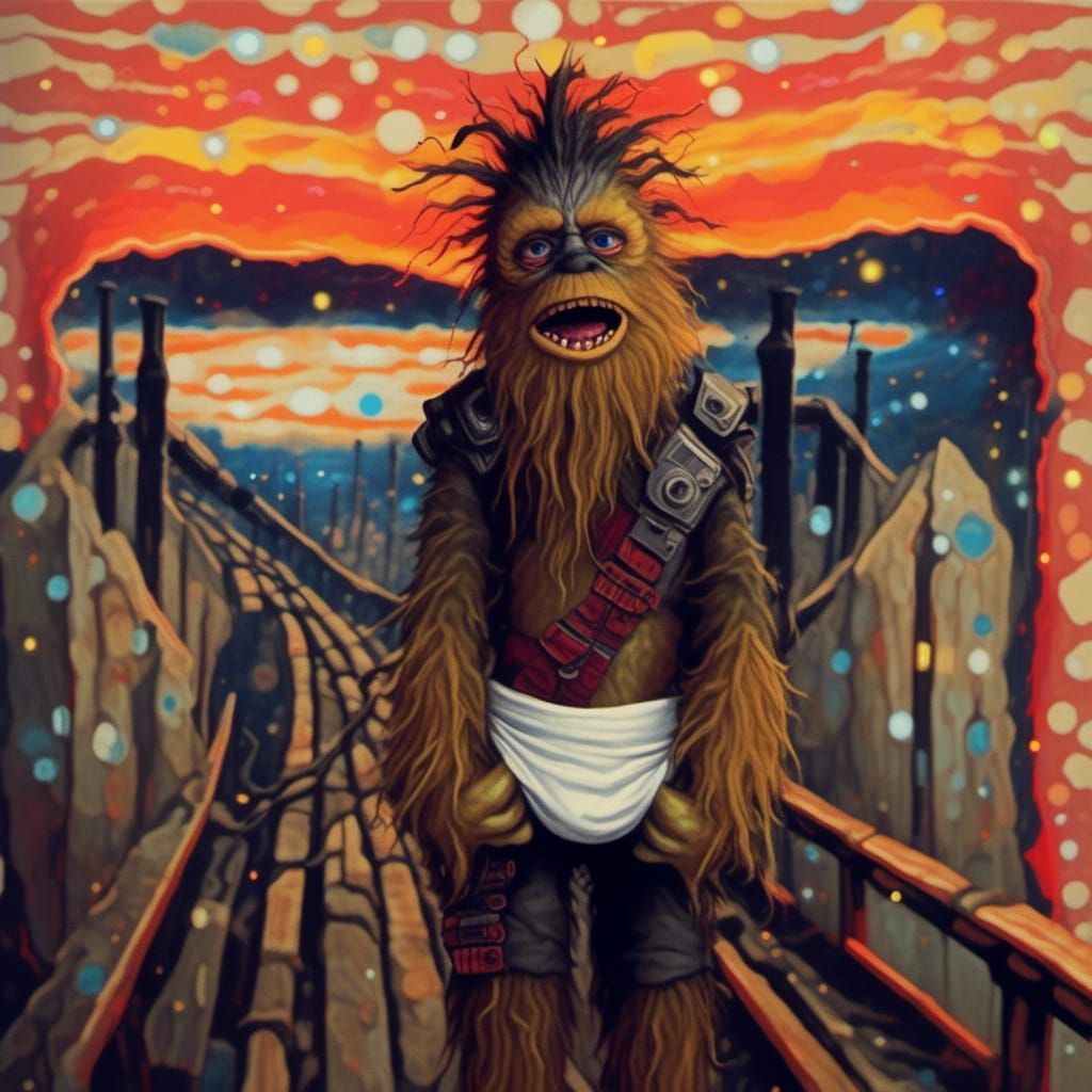 Anthropomorphic Chewbaca's Silent Scream in Psychedelic Sett...