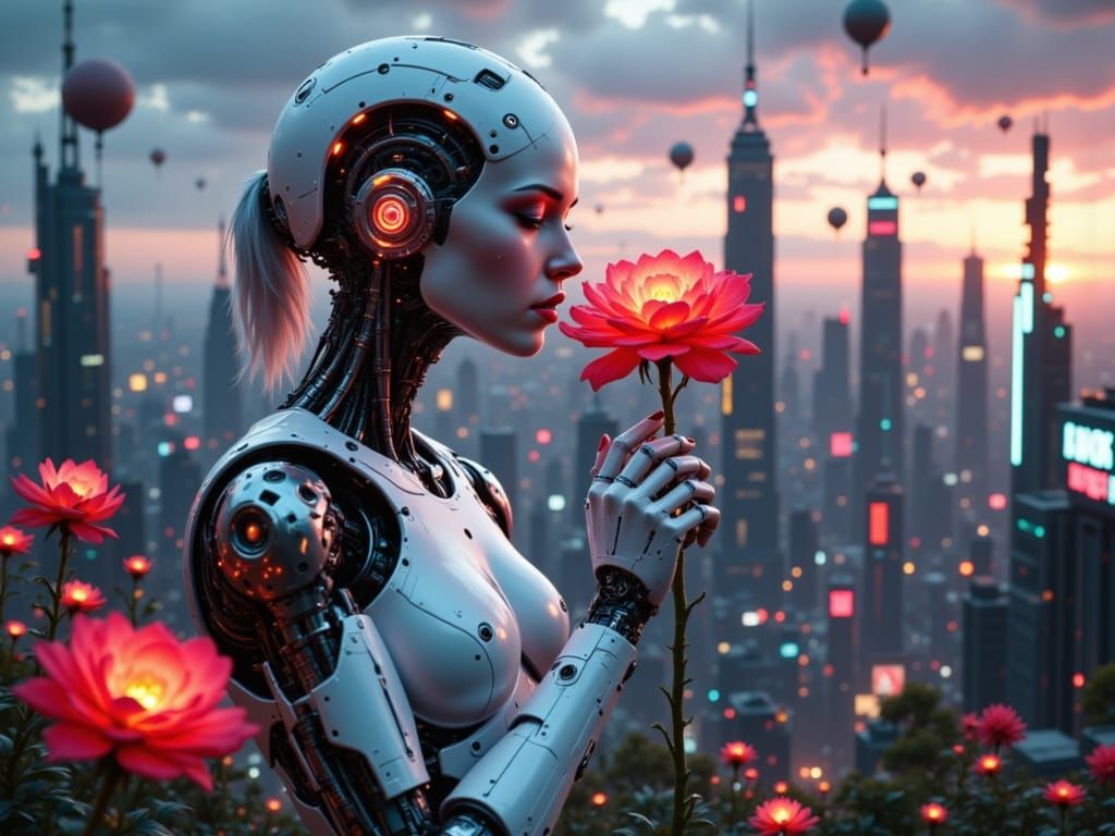Cyborg studying a flower