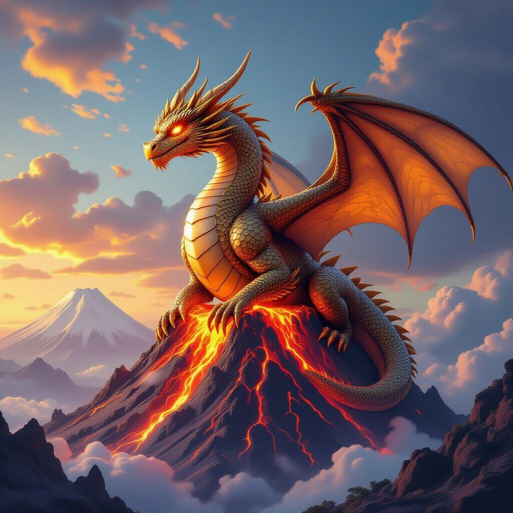 Golden Dragon Perched on Chocolate Volcano