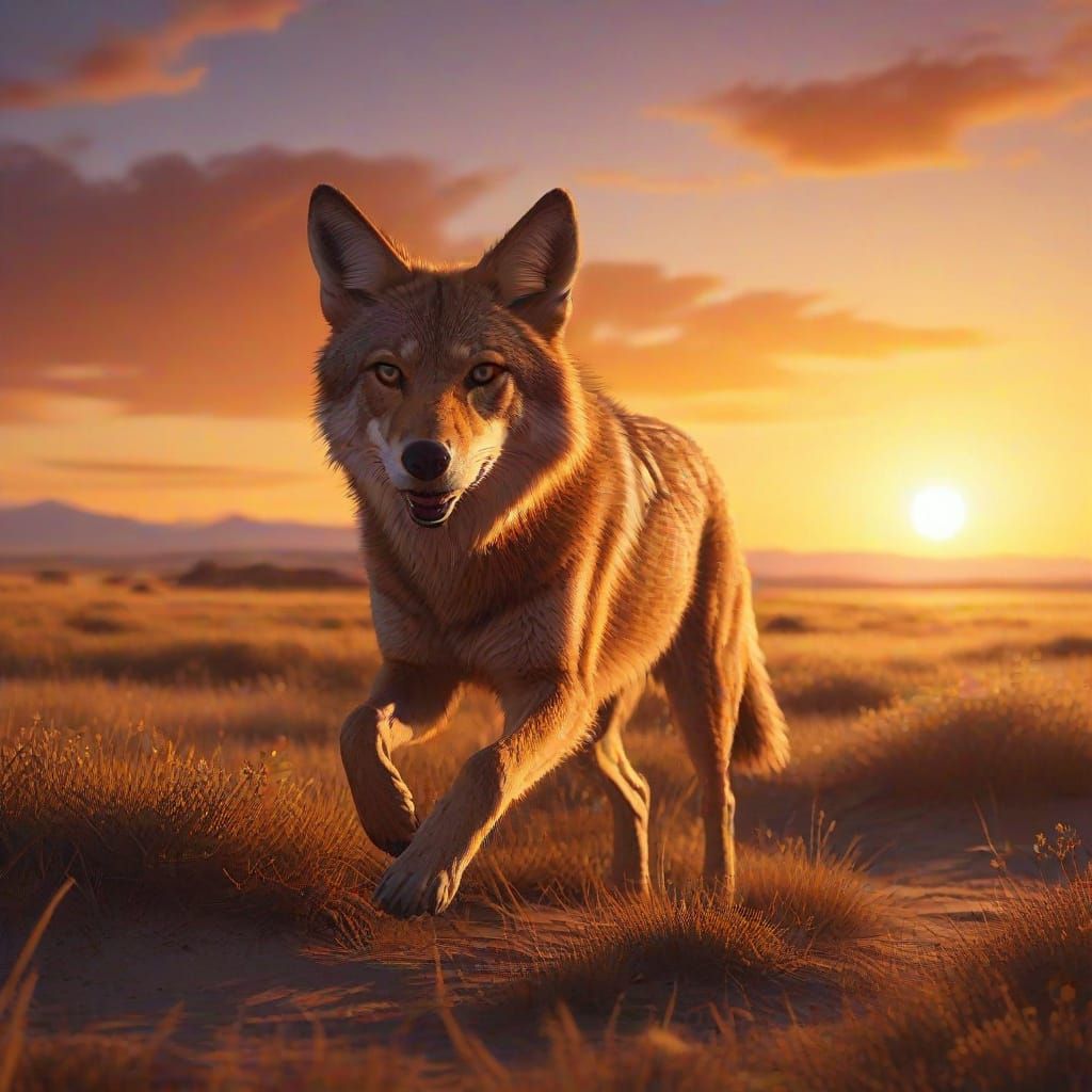Coyote Runs Across Prairie in Sunset Oil Painting