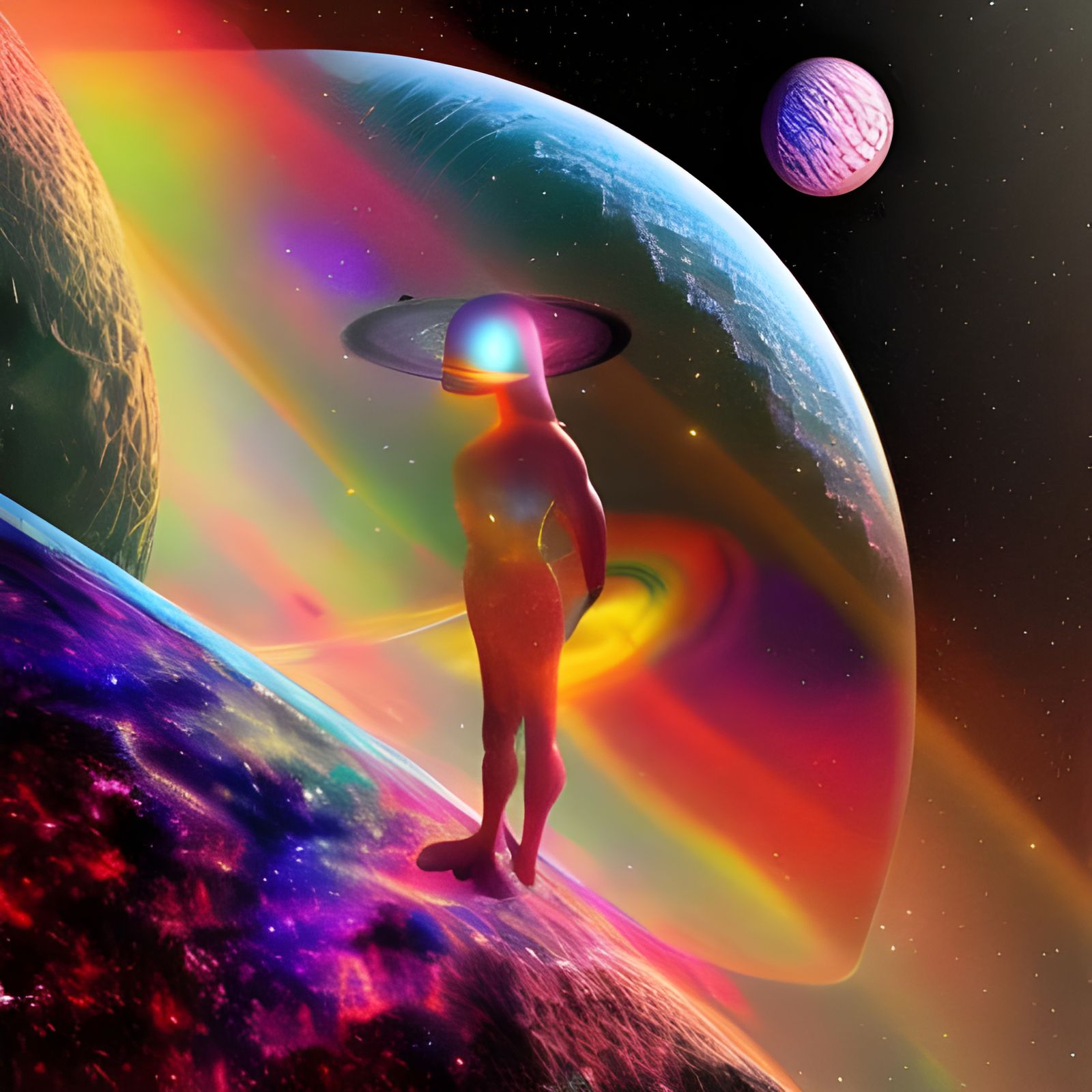 Interstellar Ship Orbiting Saturn in Space