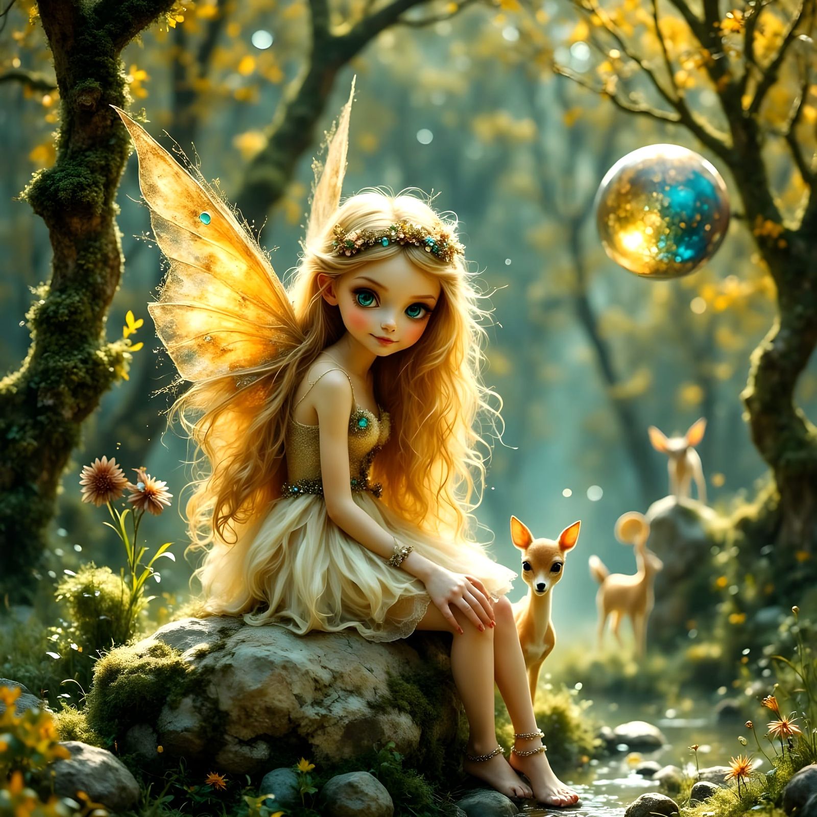 Enchanted Fairy Goddess in Art Nouveau Style with Golden Hai...