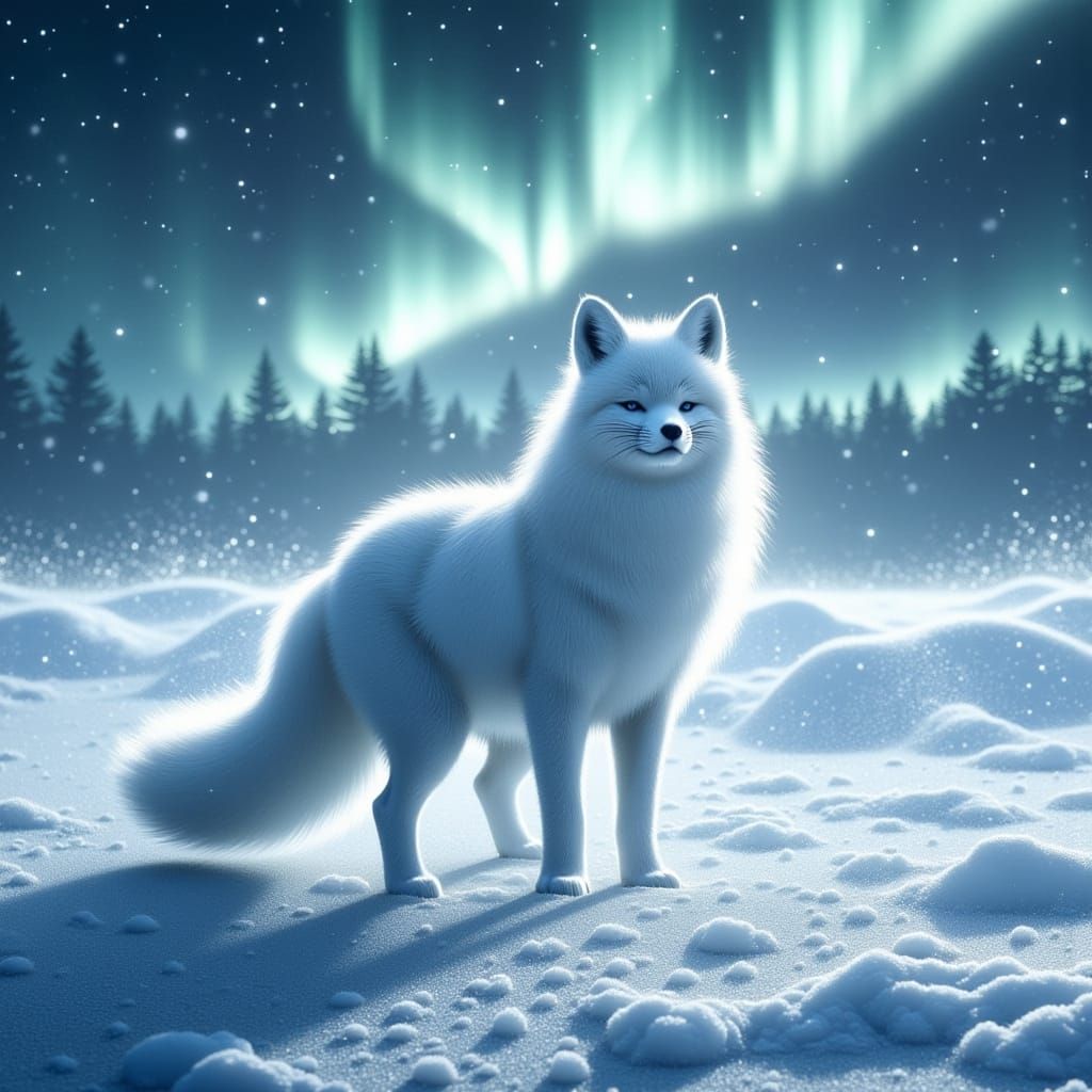 <lora:Blacklit Flux:1.0> A majestic arctic fox standing in a shimmering snowy landscape, its thick white fur glistening ...