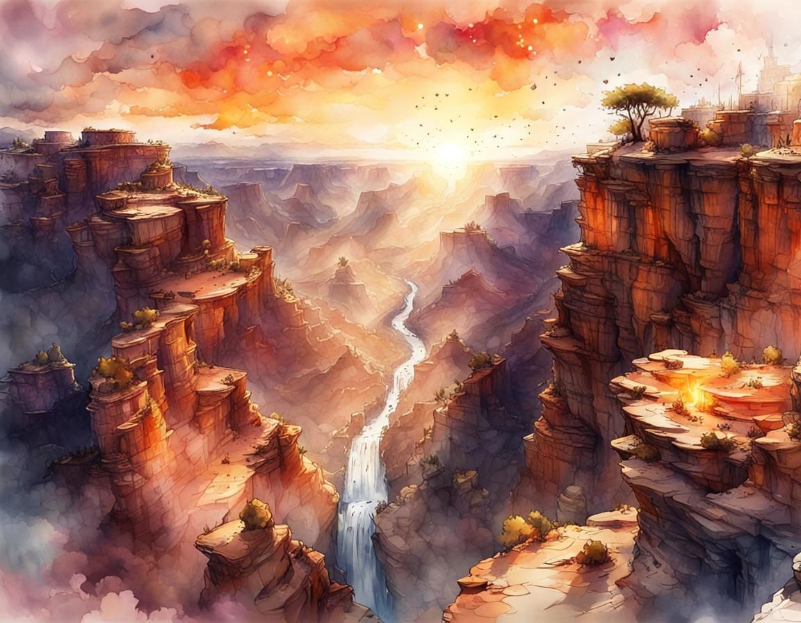 Great canyon , sunset, watercolor, splash art effect, Magica...