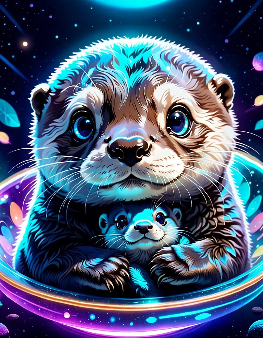 Kawaii Otter Cuddle Scene in Vibrant Pastel Colors