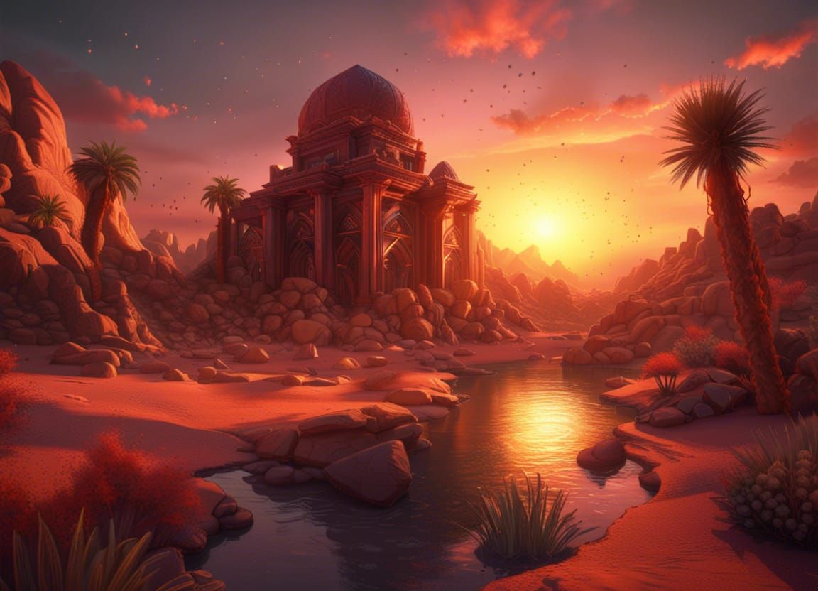 Desert Oasis Sunset in Fantasy Style