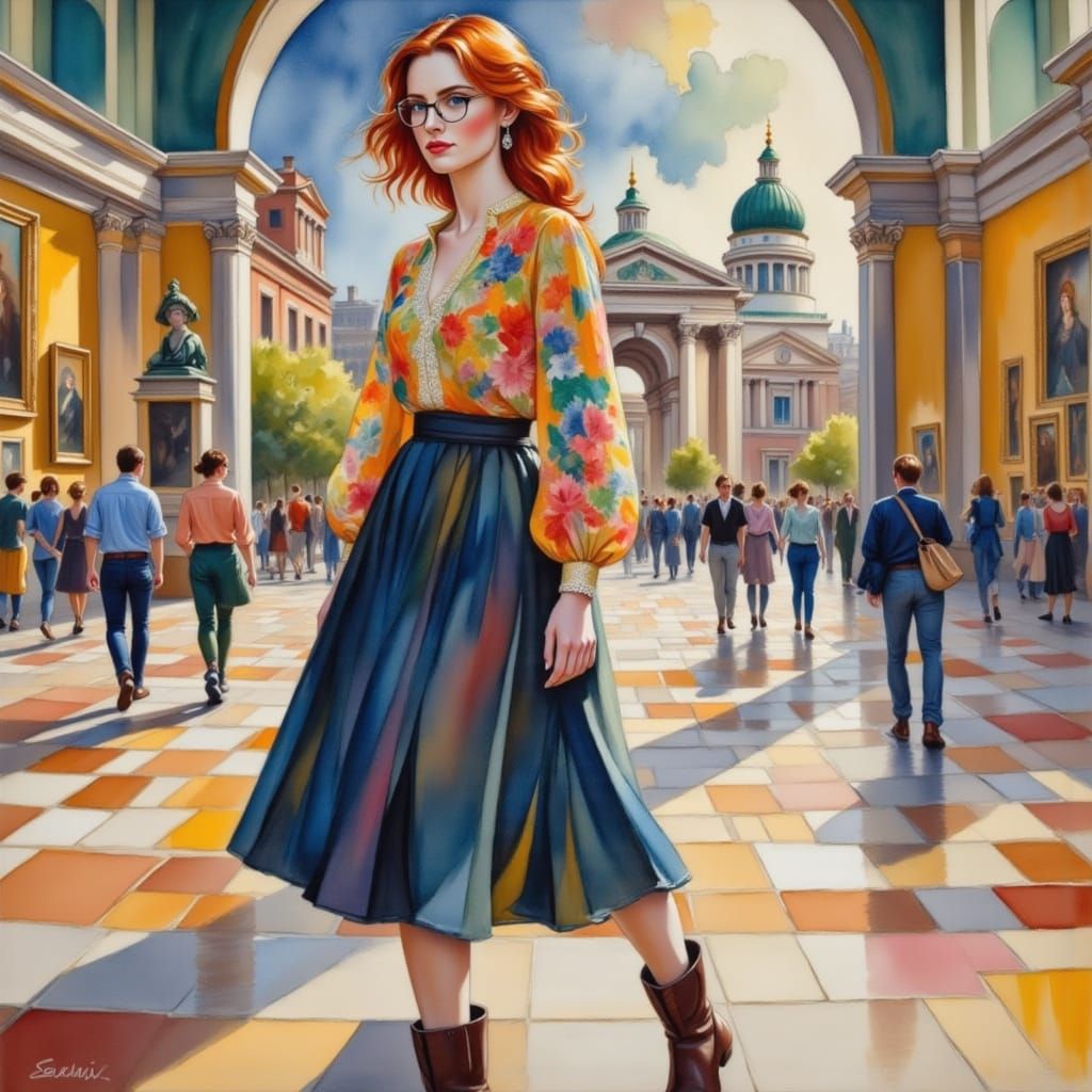 Elegant Woman Strolls through the Metropolitan Museum of Art...