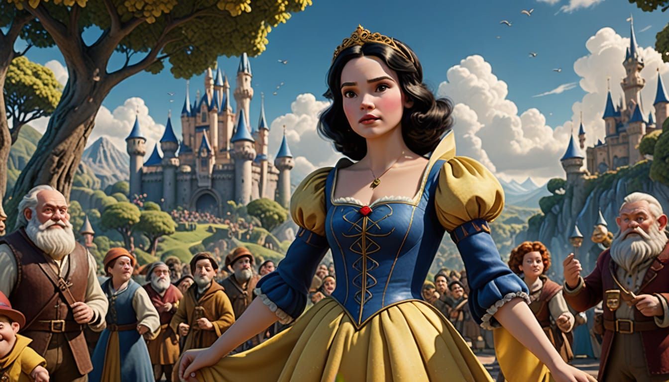 Heroic Snow White in Renaissance-Inspired Gown, Surrounded b...
