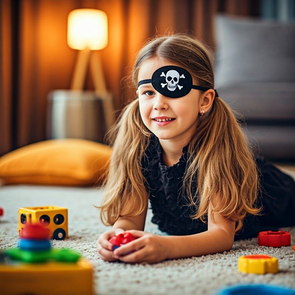 Girl in Pirate Attire Plays with Toys in Cozy Living Room