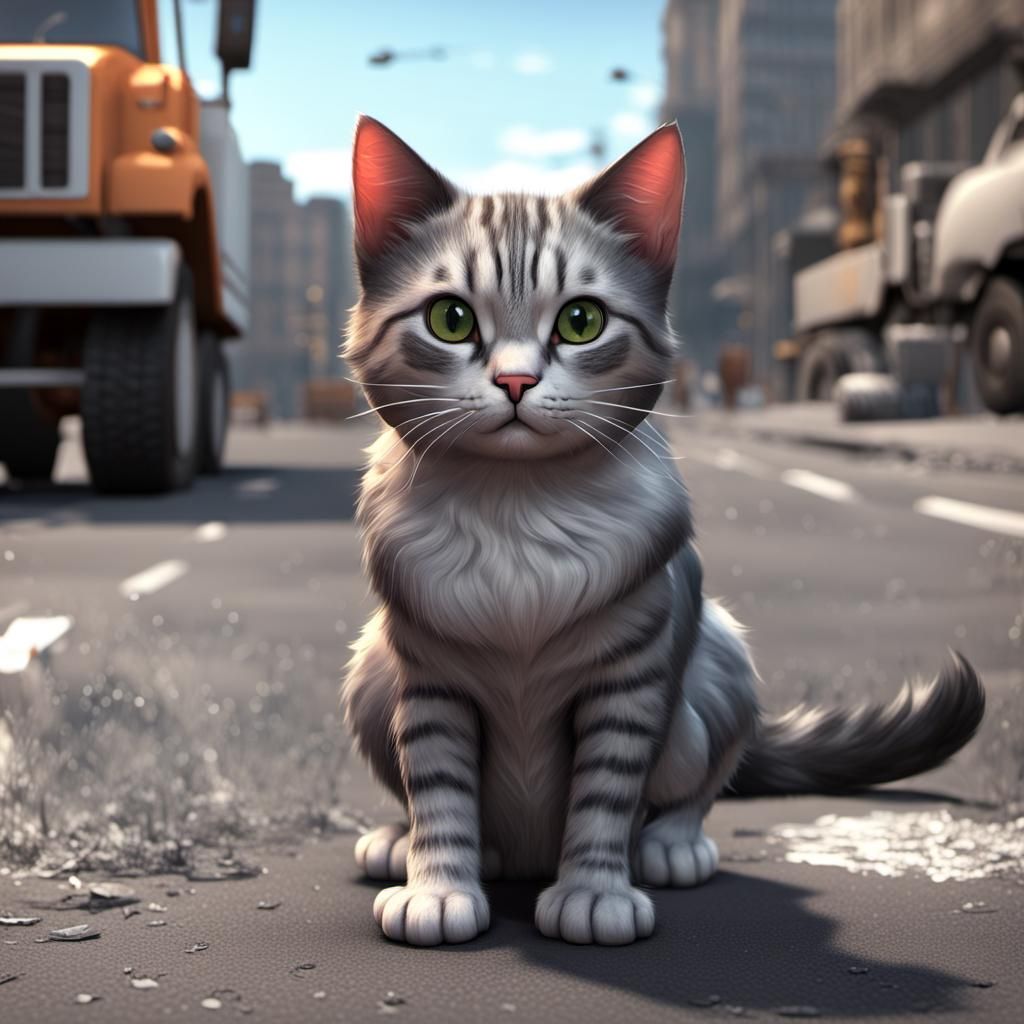 Cute Cat Grooming Itself Near Approaching Truck