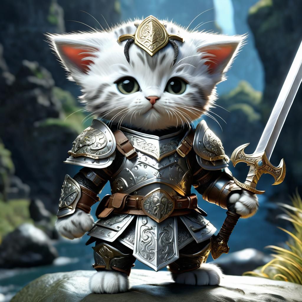 Kitten Warrior in Ornate Armor on Rocky Island