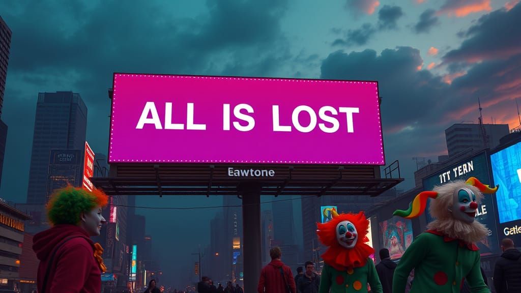 Rainbow Clowns Confront Despair in Futuristic Metropolis