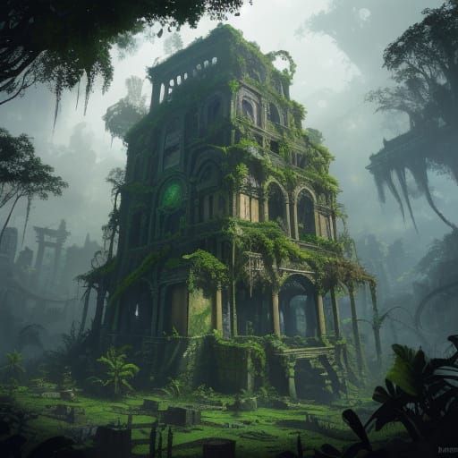 Ancient Jungle City Ruins in Vibrant Fantasy Art