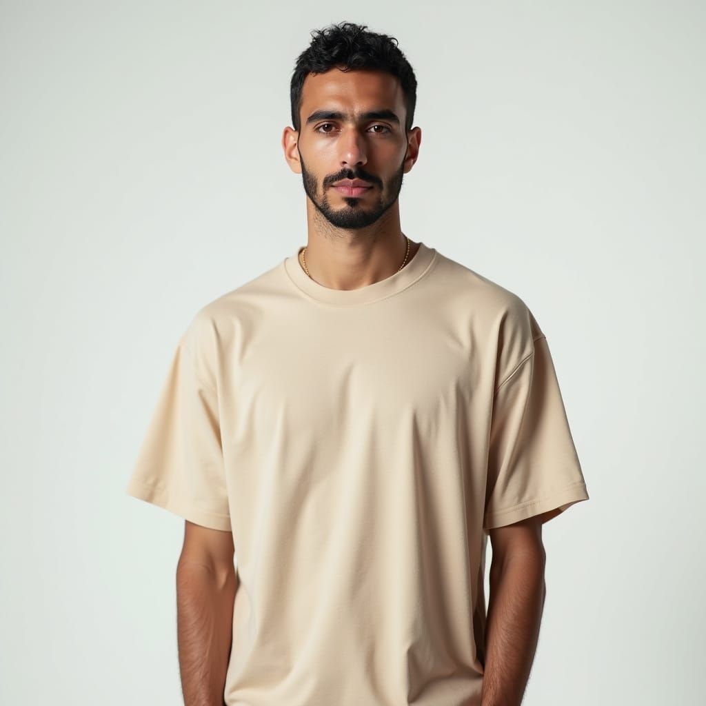 Young Egyptian Man in Oversized Beige T-Shirt in Studio Sett...