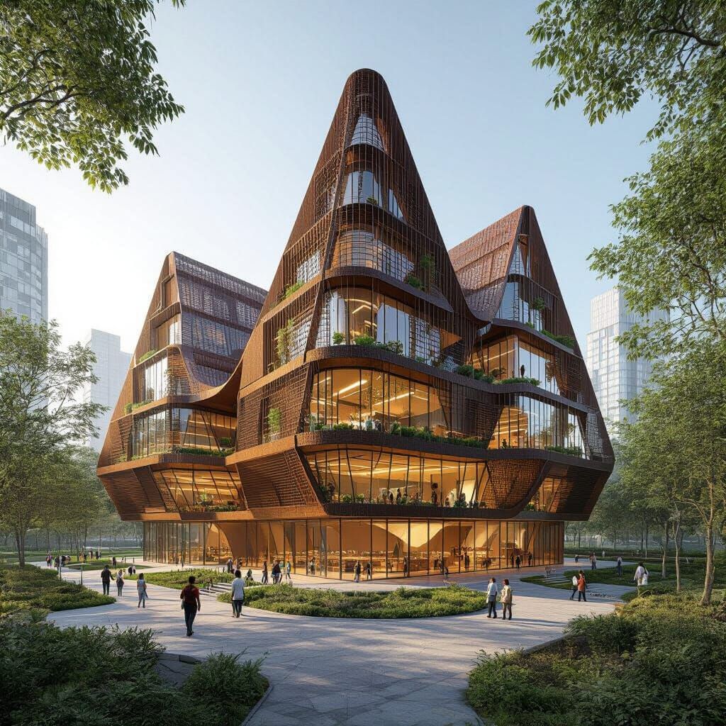 Futuristic School Design with Pyramids and Metal Cladding