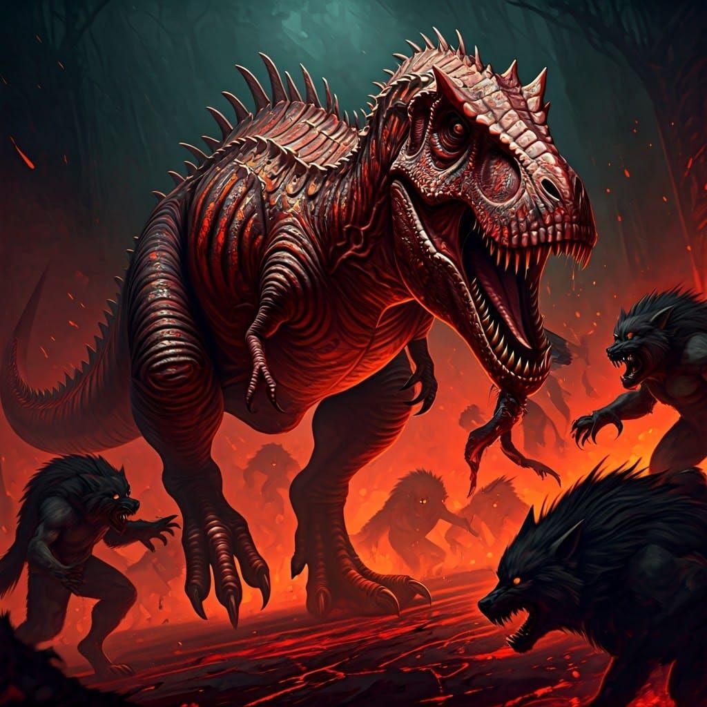 Red Opal T-Rex Rending Werewolf in Epic Battle