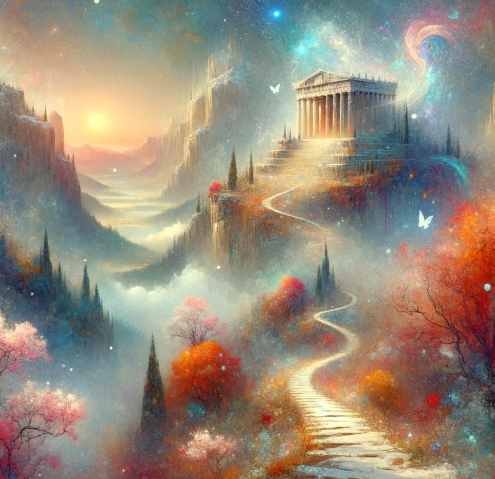 Fantasy Temple Winding Along Snow-Capped Mountainside