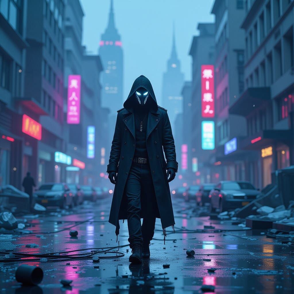 Dystopian Figure Among Neon Ruins