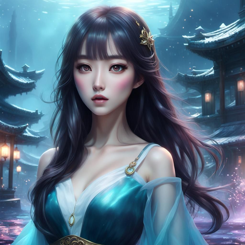 Korean Girl in Dreamy Underwater City, Digital Art