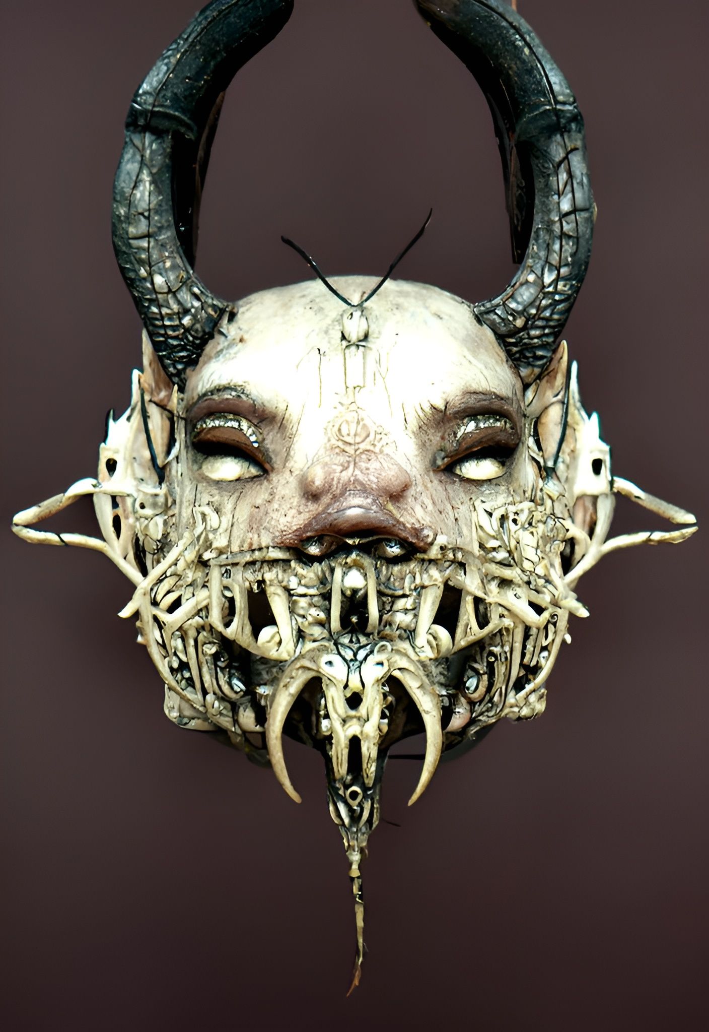 Ornate Demon Head Mask with Fangs and Horns