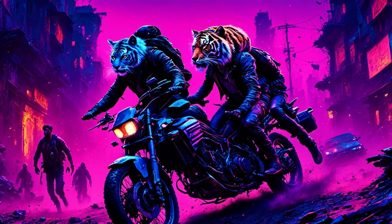 Biker on Tiger in Neon Noir Style