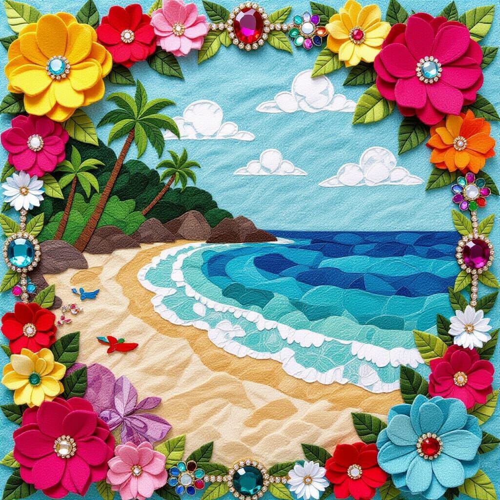 Vibrant Felt Beach Scene with Gemstone Accents