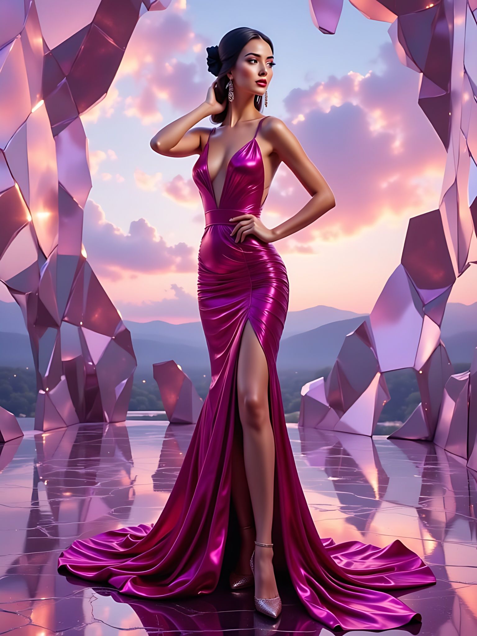 A confident female figure posed in a metallic deep magenta gown with a plunging neckline and high slits that reveal both...