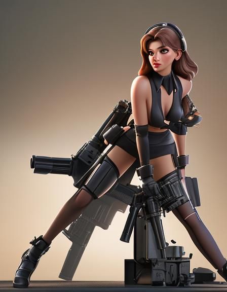 Woman Posing with Machine Gun: CGI Render