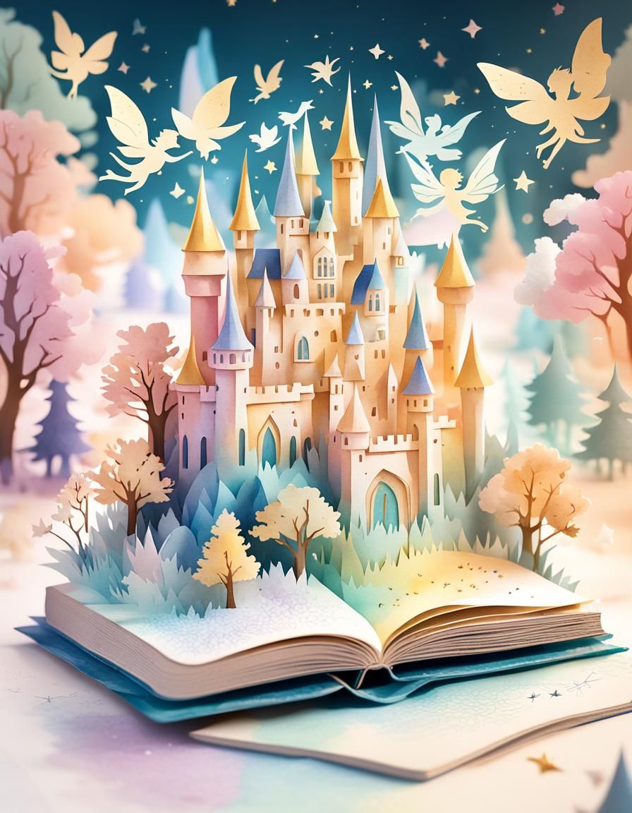 Fairytale Castle with Fairies in Watercolor Illustration