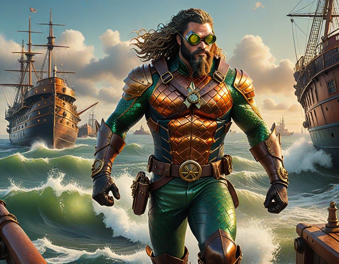 Steampunk Aquaman Ascending from the Surf in Oil