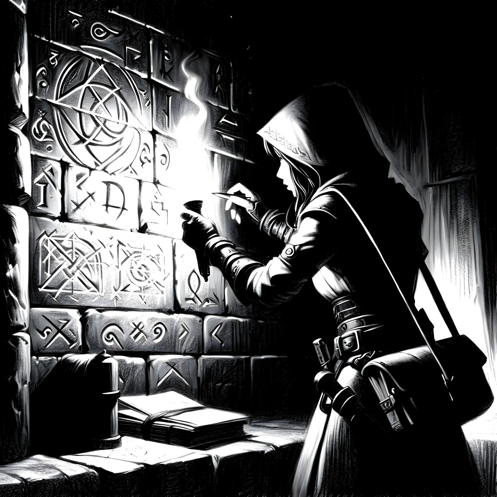 South Asian Rogue Deciphering Symbols: Pencil Sketch