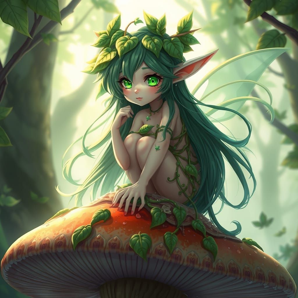 Anime Forest Spirit on Mushroom in Ethereal Light