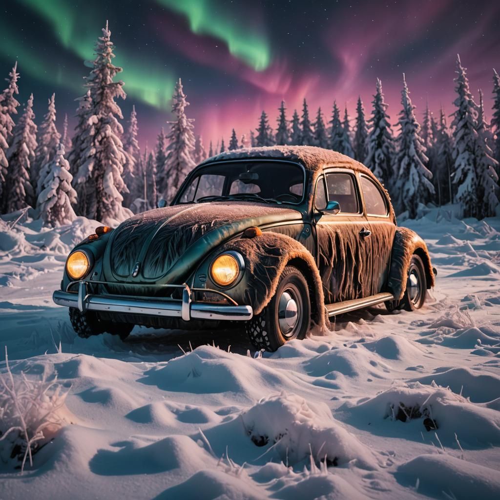 Furry VW Beetle in Siberia, Comic Book Style