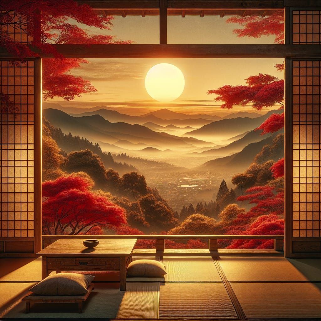 Tranquil Japanese Garden View at Dawn or Dusk