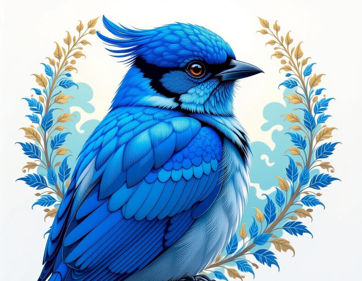 Vivid Blue Bird Portrait in Watercolor Style