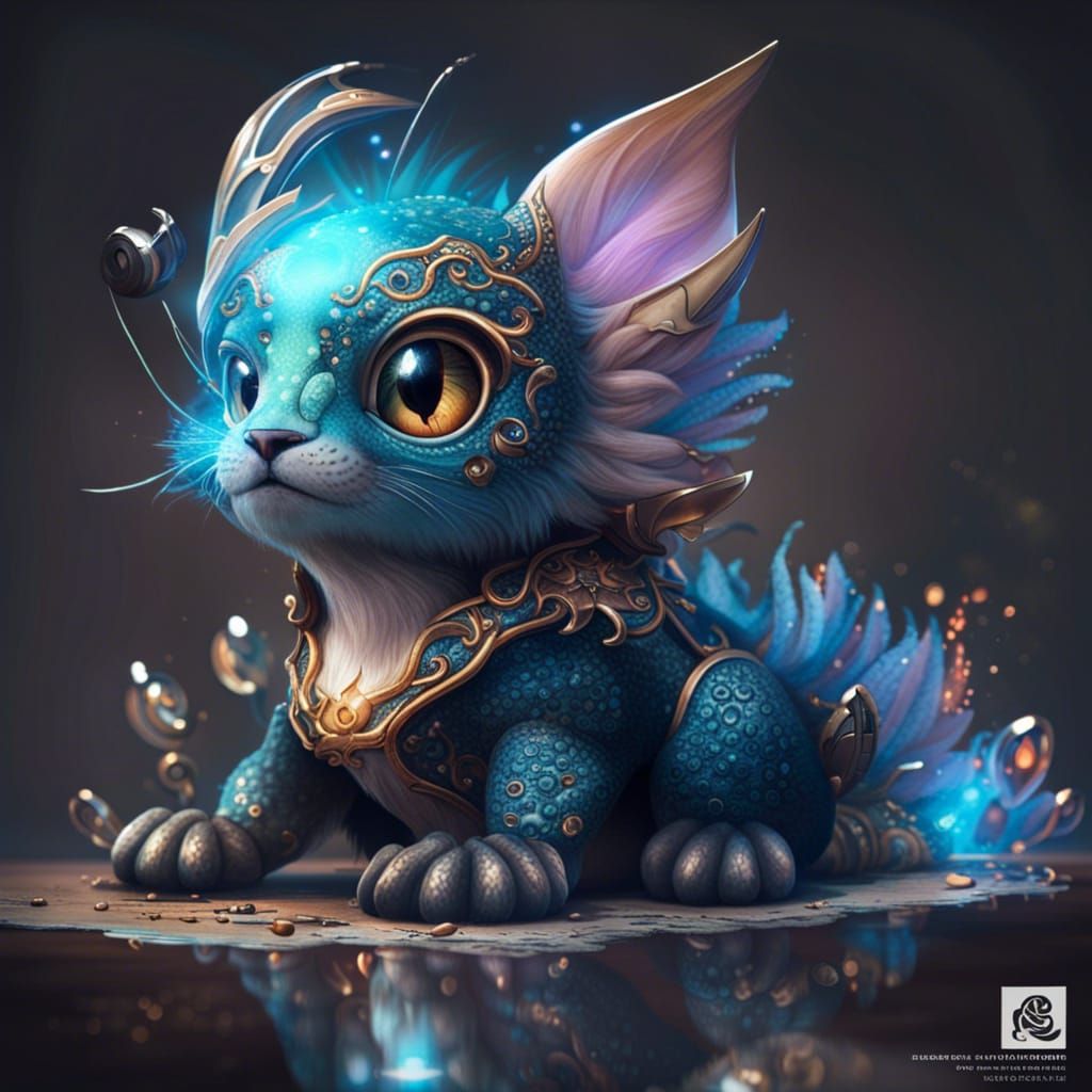 Adorable Chibi Dragon in the Rain, Detailed Digital Art