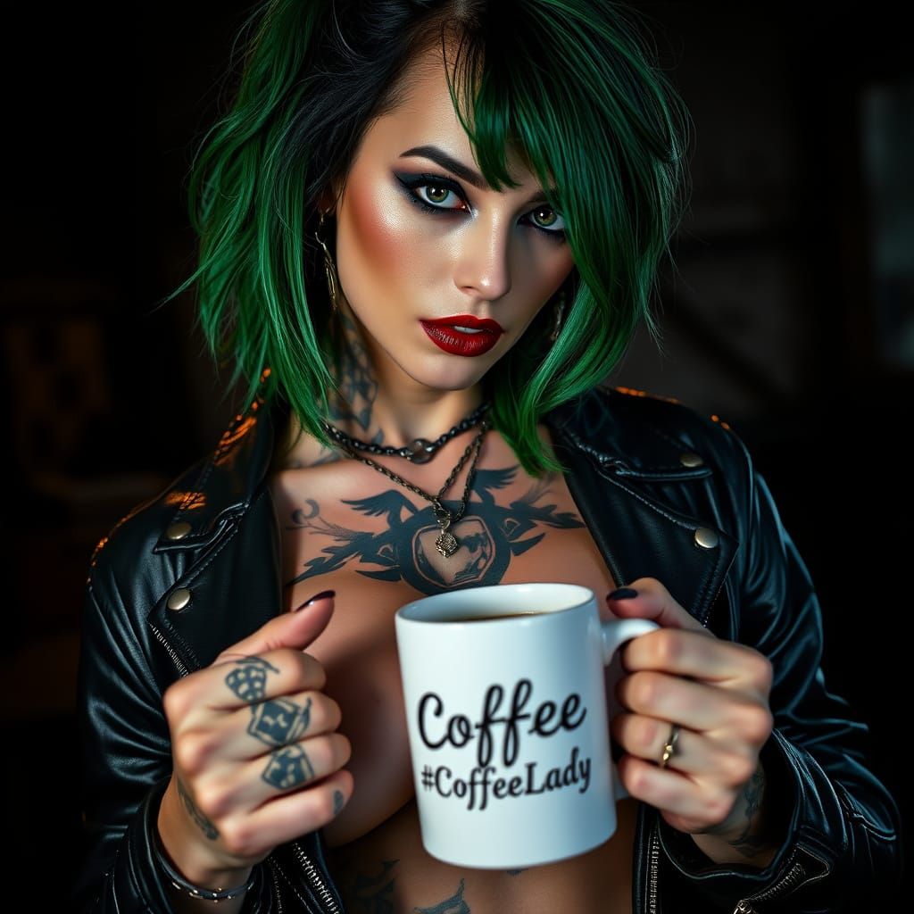 Provocative Woman with Piercings and Coffee Mug