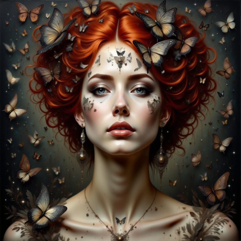 Renaissance Woman With Red Hair And Butterflies