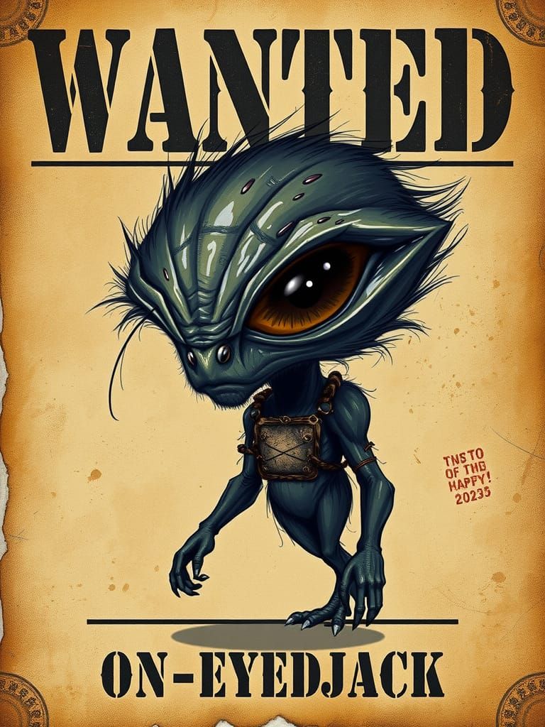 Vintage Wanted Poster: One-Eyed Alien in Oil Painting Style